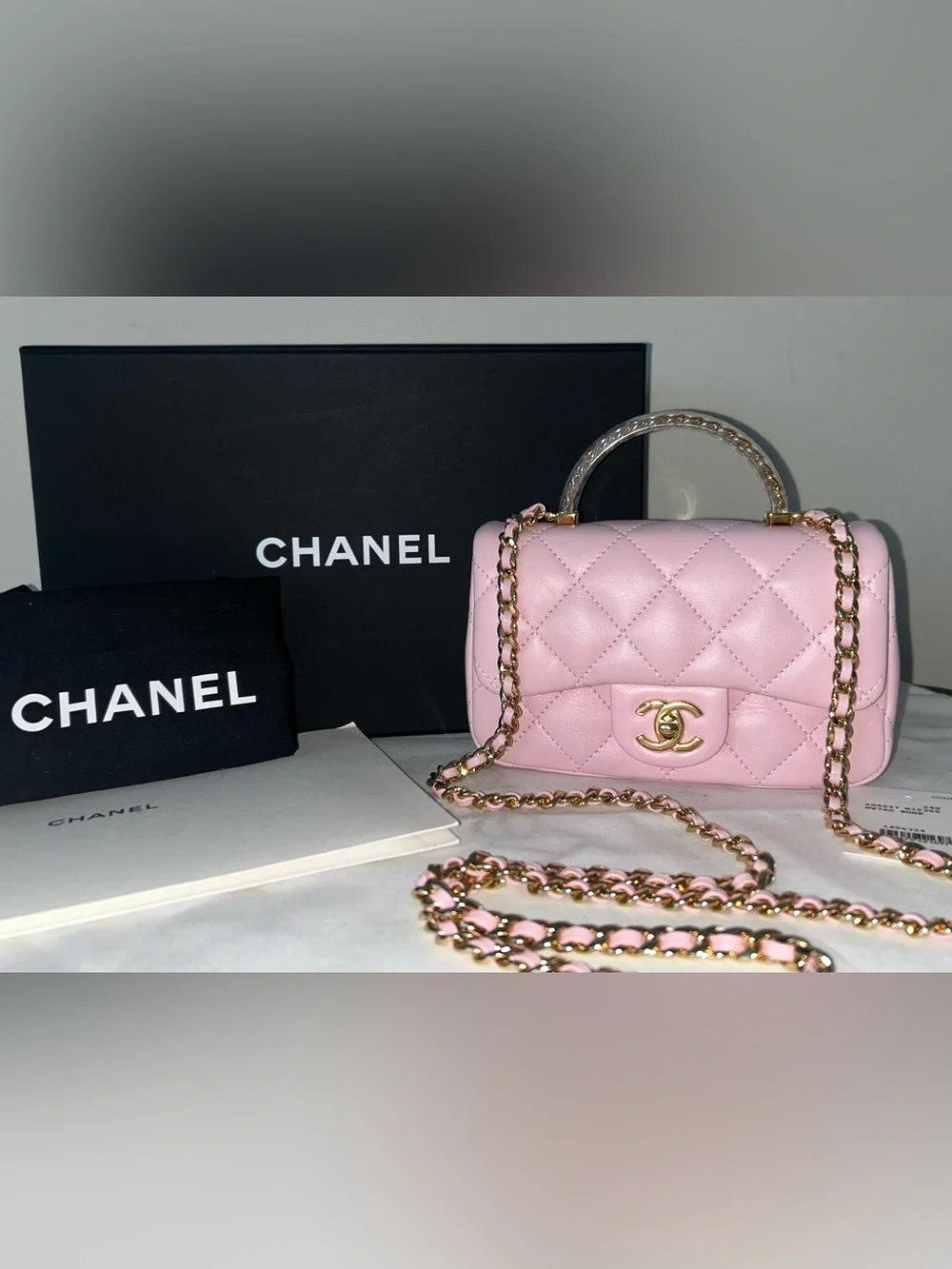 NEW! CHANEL 24S Mini Top Handle Flap Bag Quilted Lambskin Rose Light Pink